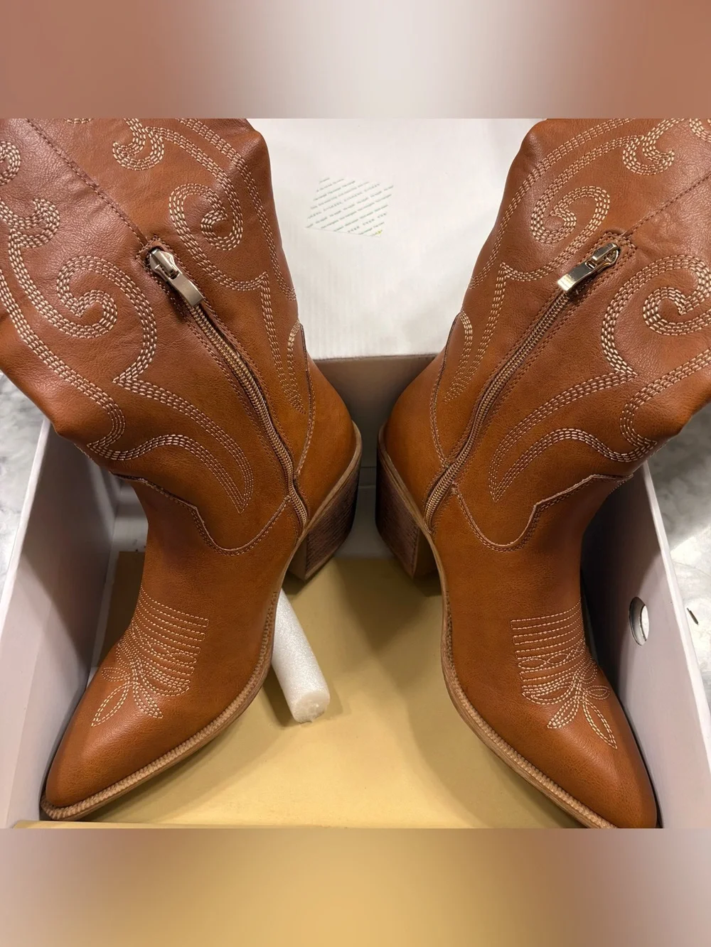 Rollda Cowboy Cowgirl Brown Tan Boots Embroidered Knee-High Side Zipper Women 7